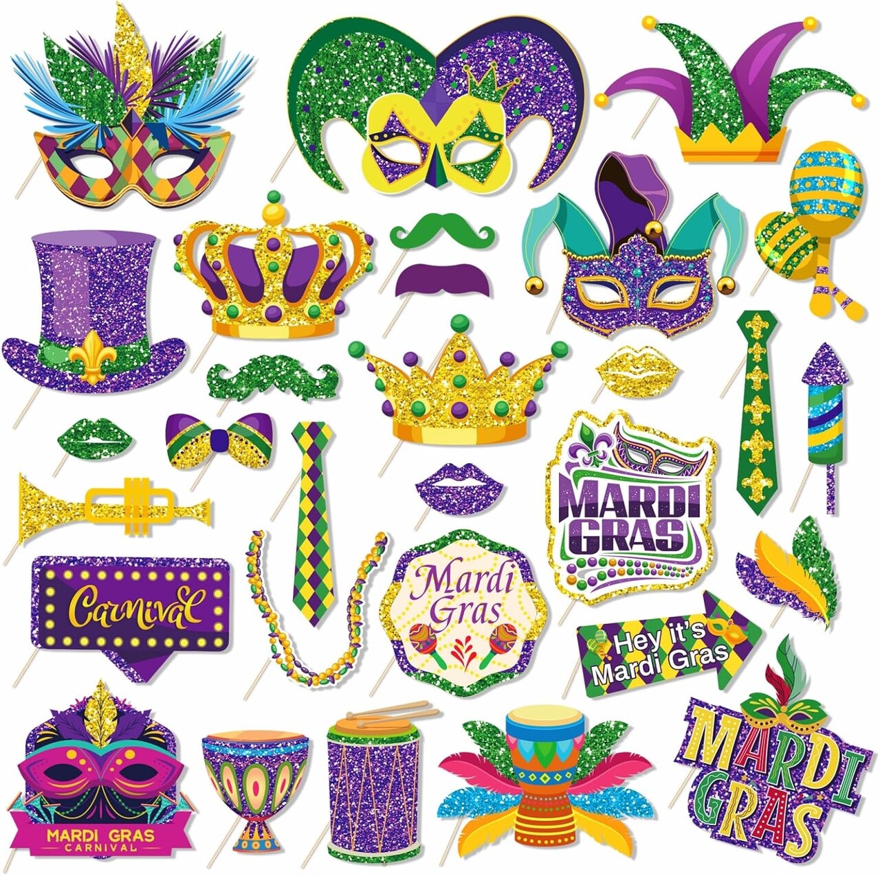 30 Pieces Mardi Gras Photo Booth Props Masquerade Party Photo Booth Props for New Orleans Party Birthday Party Supplies Decorations